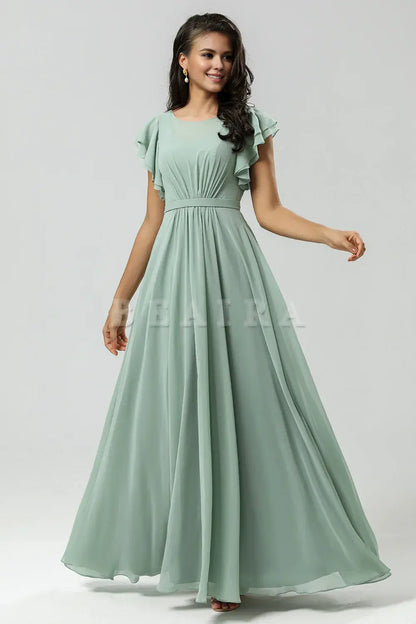 Beaira Matcha A Line Round Neck Ruched Floor Length Chiffon Bridesmaid Dress Bridesmaid dress shop