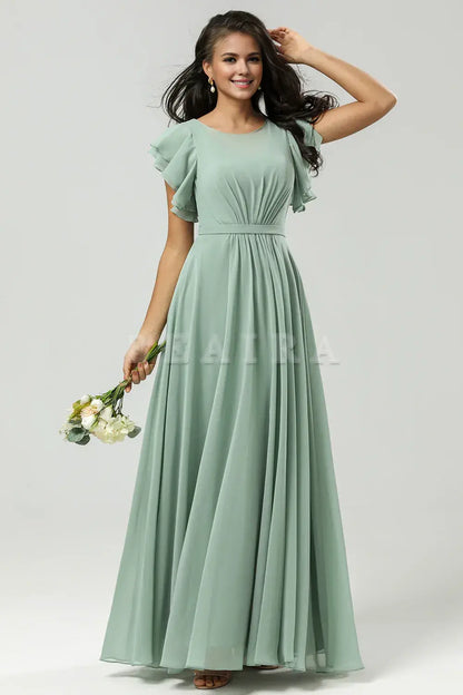 Beaira Matcha A Line Round Neck Ruched Floor Length Chiffon Bridesmaid Dress Bridesmaid dress shop