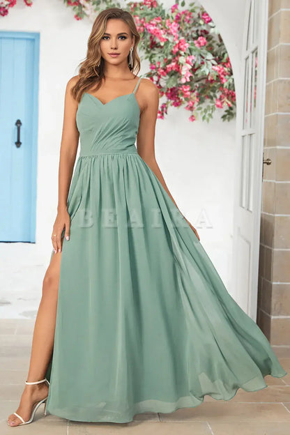 Beaira Matcha Spaghetti Straps Corset Long Bridesmaid Dress With Criss Cross Back Bridesmaid dress shop