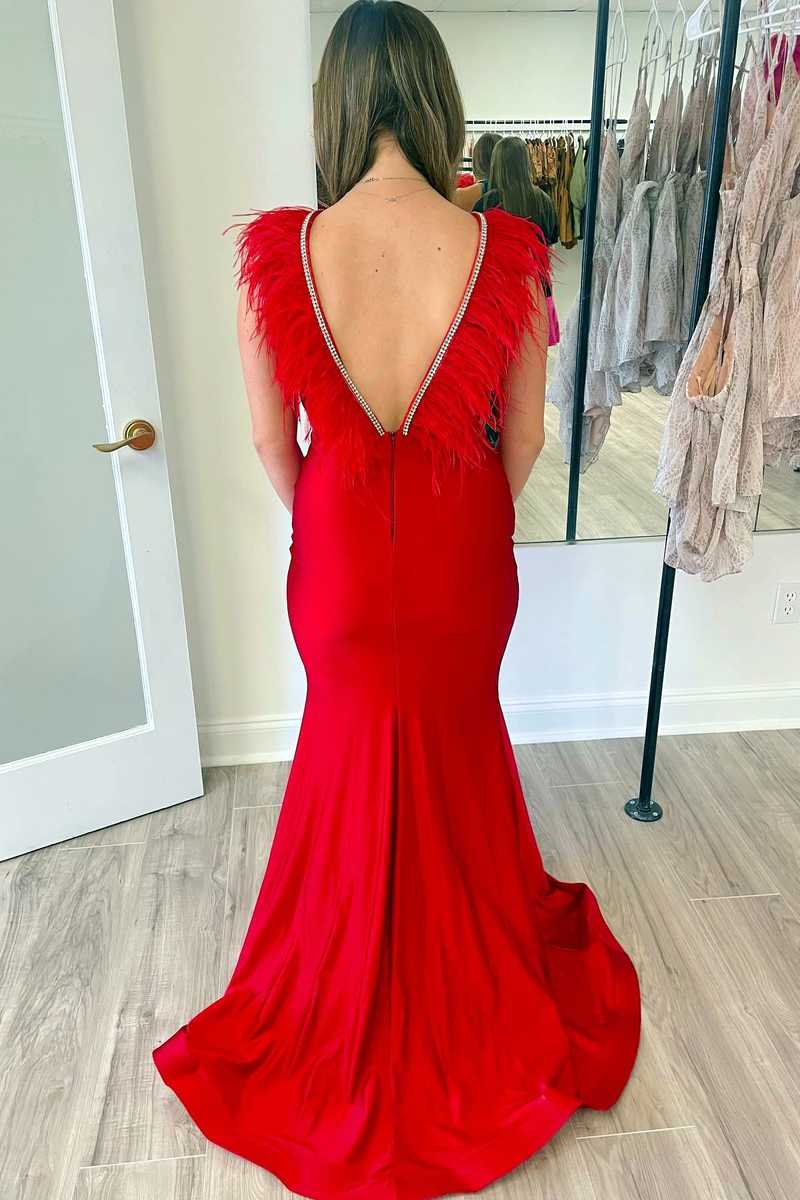 Mermaid Deep V Neck Beaded Prom Dress with Feathers
