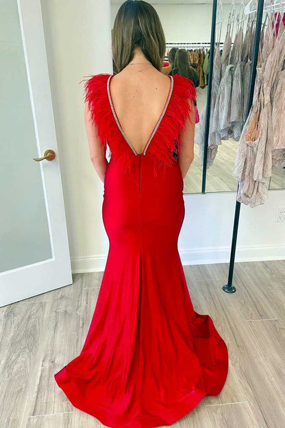 Mermaid Deep V Neck Beaded Prom Dress with Feathers