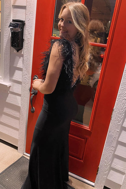 Mermaid Deep V Neck Beaded Prom Dress with Feathers