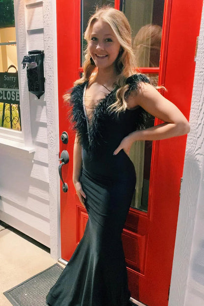 Mermaid Deep V Neck Beaded Prom Dress with Feathers