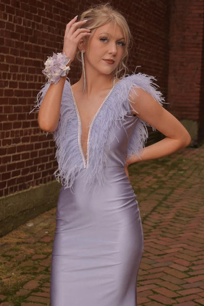 Mermaid Deep V Neck Beaded Prom Dress with Feathers
