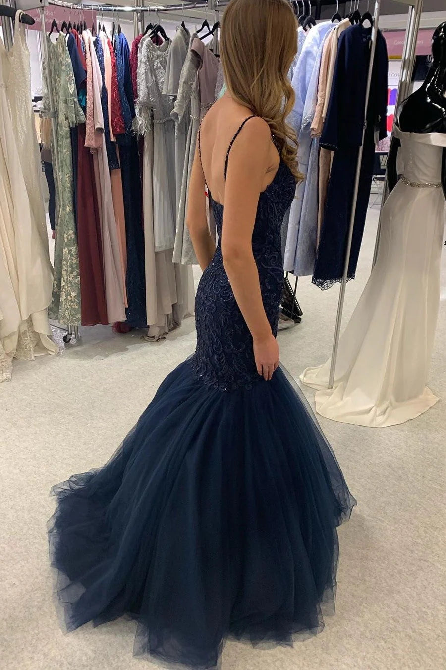 Mermaid Long Dark Navy Lace Applique Evening Dress With Beads Gorgeous Tulle Prom Dress With Beading
