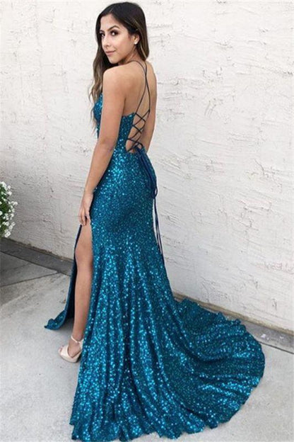 Mermaid Long Sequin Halter Backless Beads Prom Dresses With Side-Slit Cheap Evening Dresses