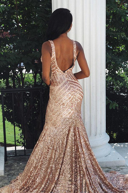Mermaid Long Straps V Neck Sleeveless Prom Dresses Backless Evening Dresses