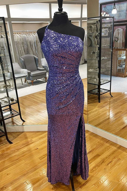 Mermaid Sequin One Shoulder Long Prom Dress with Slit