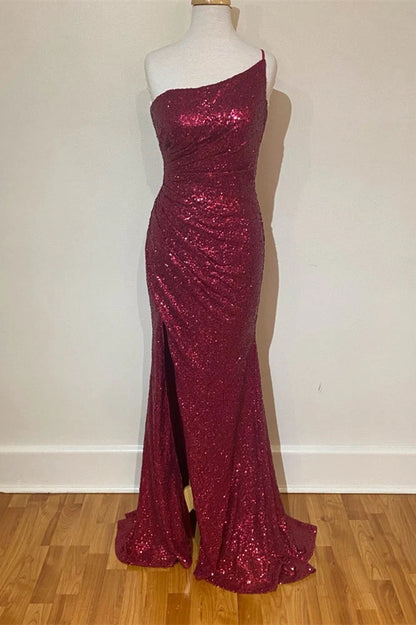 Mermaid Sequin One Shoulder Long Prom Dress with Slit