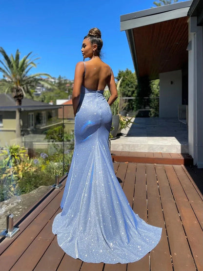 Mermaid Spaghetti Straps Open Back Prom Dresses Polyester Floor Length Evening Dresses