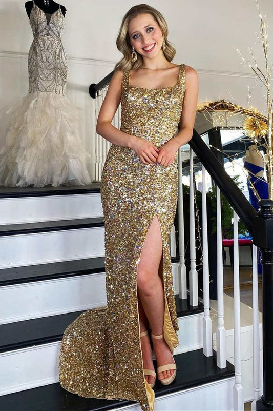 Mermaid Straps Gold Sequin Square Neck Backless Long Prom Dress with Slit