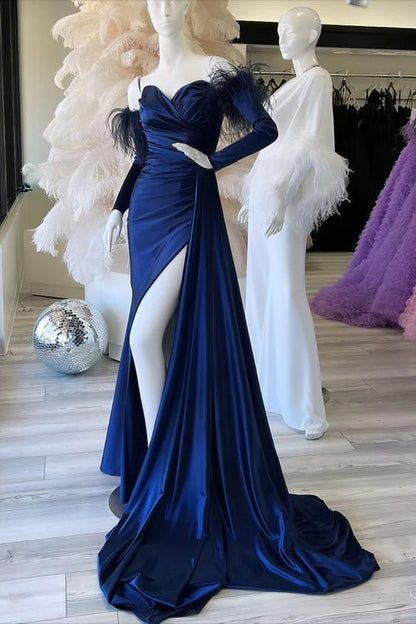 Mermaid Sweetheart Pleated Long Sleeves Prom Dress with Slit Feather