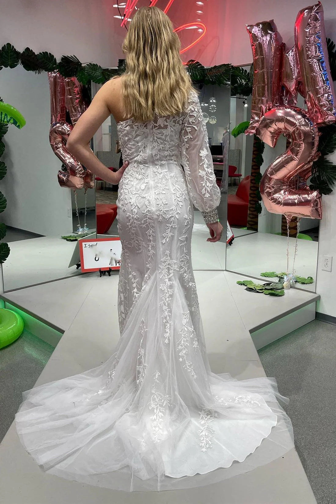 Mermaid Tulle One Shoulder Long Sleeves Slit Prom Dresses