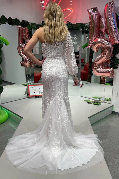 Mermaid Tulle One Shoulder Long Sleeves Slit Prom Dresses