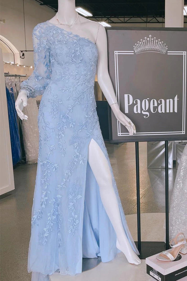 Mermaid Tulle One Shoulder Long Sleeves Slit Prom Dresses