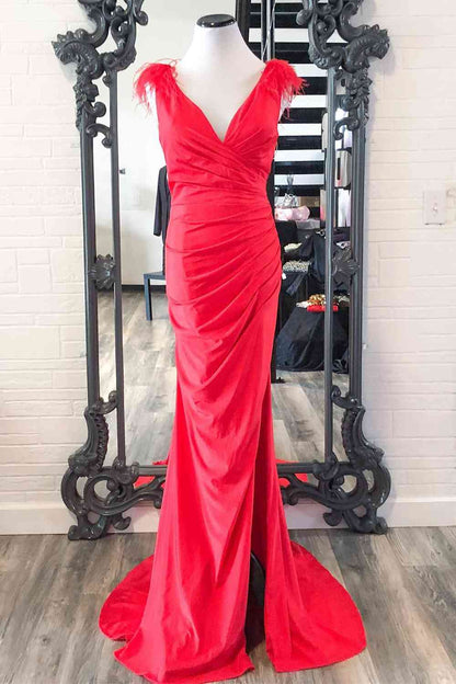 V Neck Satin Pleated Slit Long Prom Dresses With Feather Shoulder