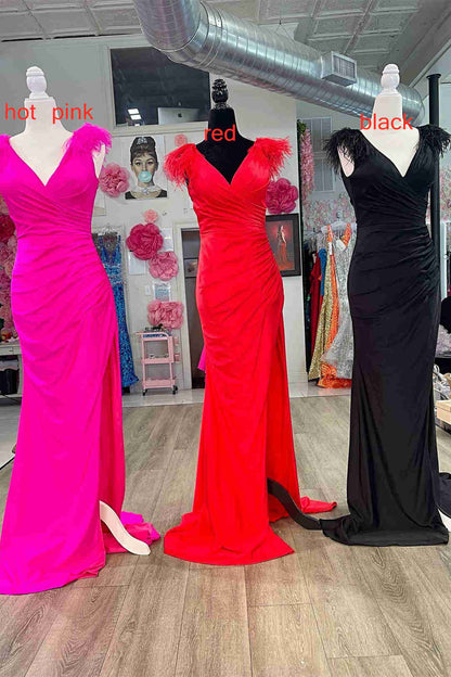 V Neck Satin Pleated Slit Long Prom Dresses With Feather Shoulder