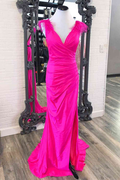V Neck Satin Pleated Slit Long Prom Dresses With Feather Shoulder