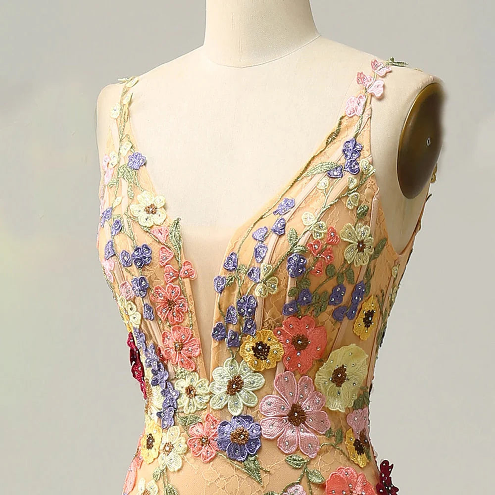 V Neck Tulle With Appliques Floor Length Prom Dresses