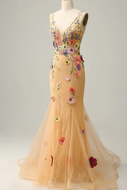 V Neck Tulle With Appliques Floor Length Prom Dresses