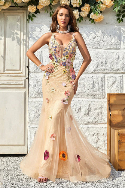 V Neck Tulle With Appliques Floor Length Prom Dresses