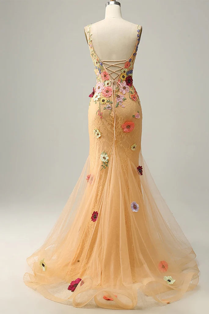 V Neck Tulle With Appliques Floor Length Prom Dresses