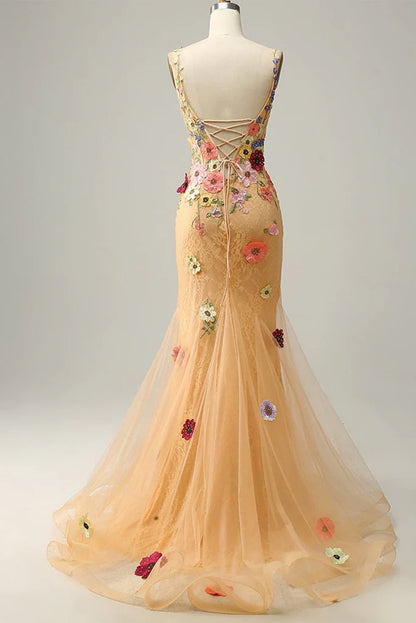 V Neck Tulle With Appliques Floor Length Prom Dresses