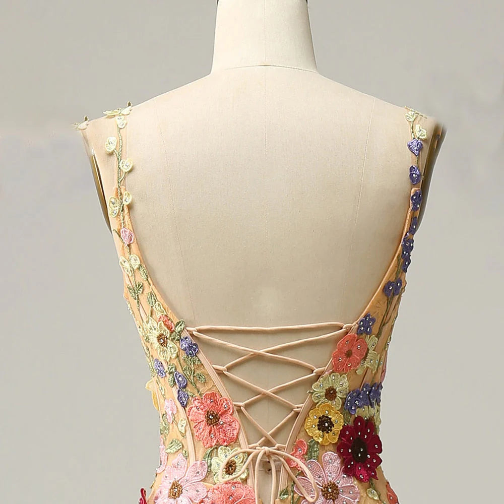 V Neck Tulle With Appliques Floor Length Prom Dresses