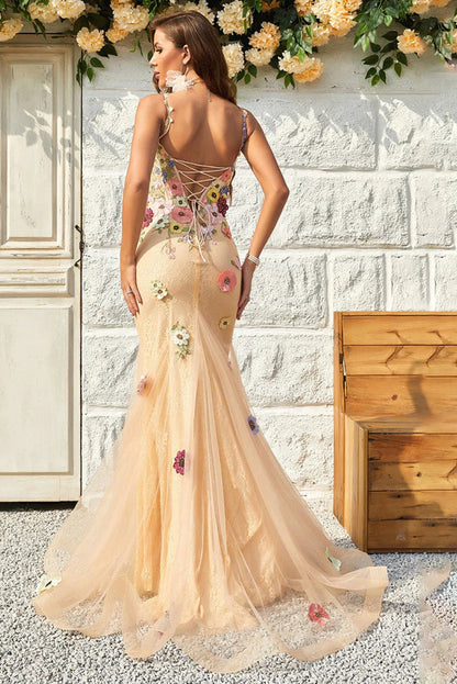 V Neck Tulle With Appliques Floor Length Prom Dresses