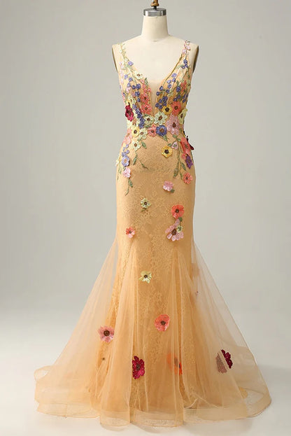 V Neck Tulle With Appliques Floor Length Prom Dresses