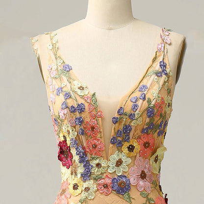 V Neck Tulle With Appliques Floor Length Prom Dresses