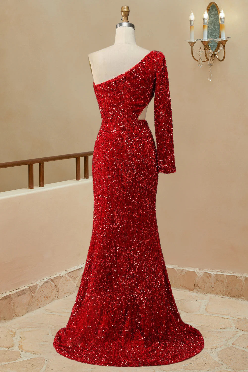 Mermaid Cut Out Red One Shoulder Sequin Prom Dress With Front Split
