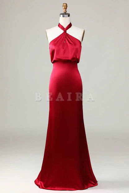 Beaira Mermaid Halter Sleeveless Burgundy Bridesmaid Dress Bridesmaid dress shop ﻿