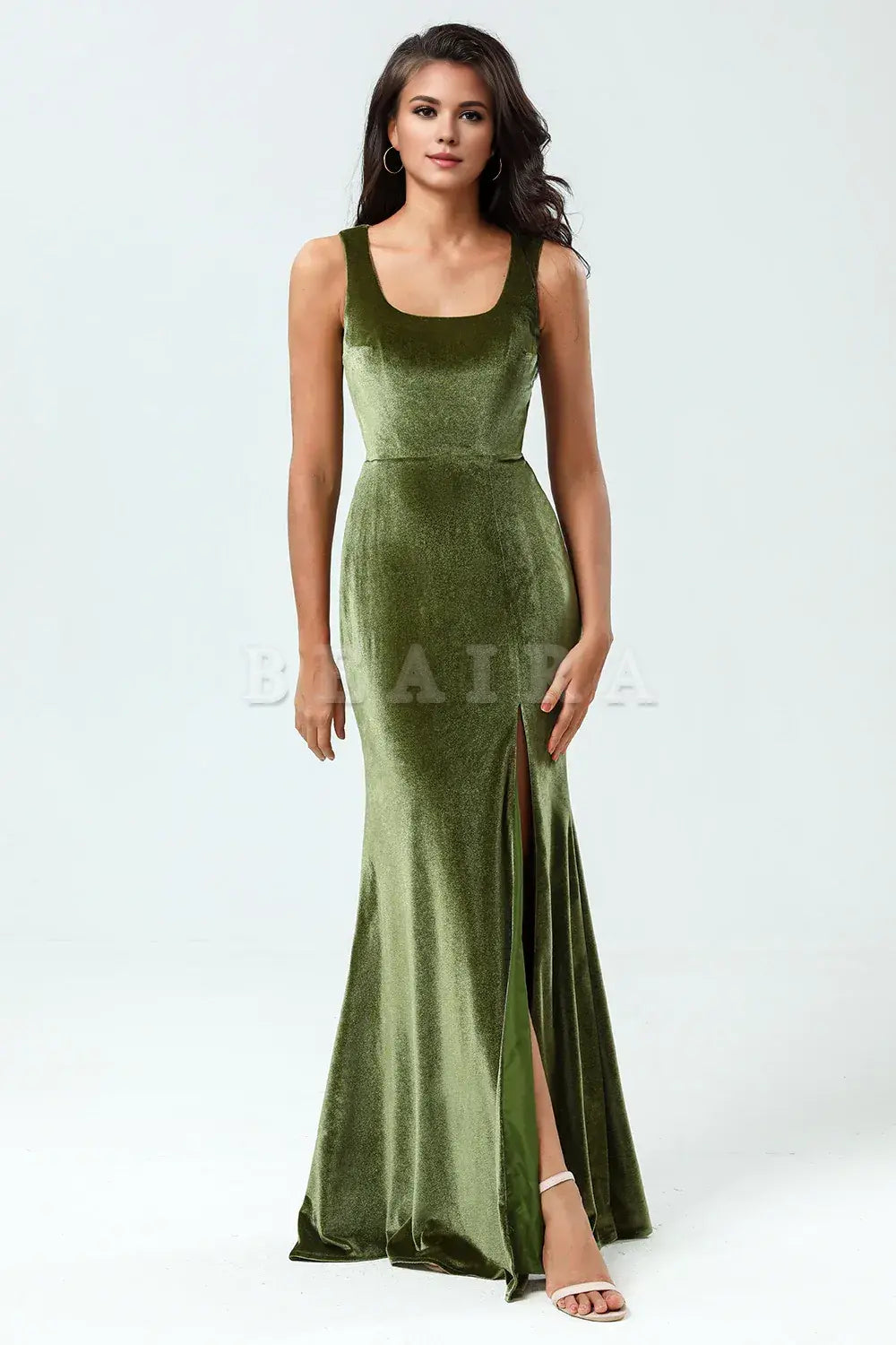 Beaira Mermaid Square Neck Floor-Length Velvet Bridesmaid Dress with Slit Bridesmaid dress shop