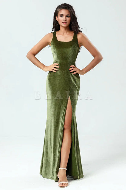 Beaira Mermaid Square Neck Floor-Length Velvet Bridesmaid Dress with Slit Bridesmaid dress shop