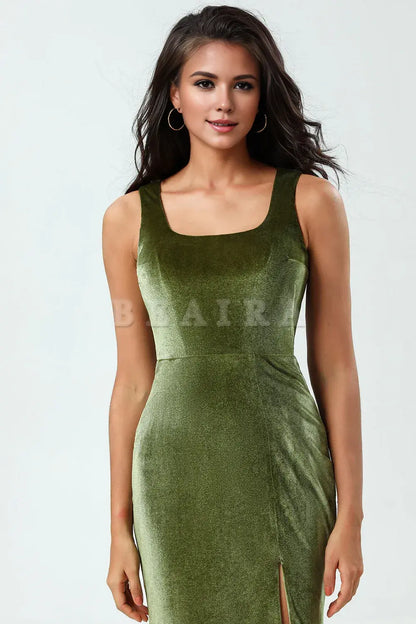 Beaira Mermaid Square Neck Floor-Length Velvet Bridesmaid Dress with Slit Bridesmaid dress shop
