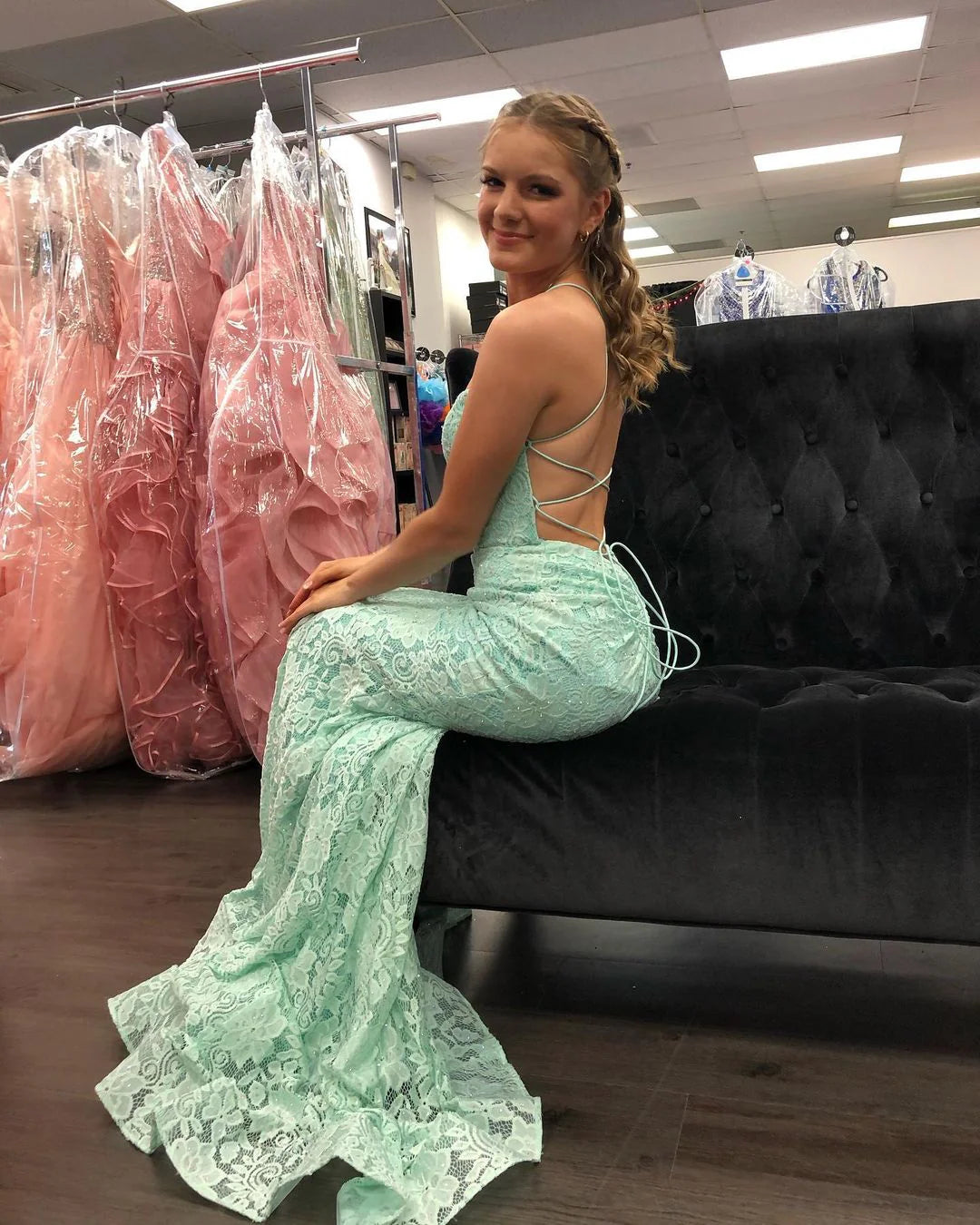Mint Straps Prom Dresses Mermaid/Trumpet With Applique Lace Sweep Train