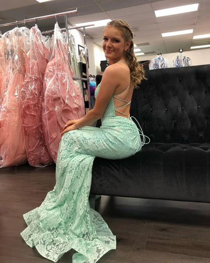 Mint Straps Prom Dresses Mermaid/Trumpet With Applique Lace Sweep Train