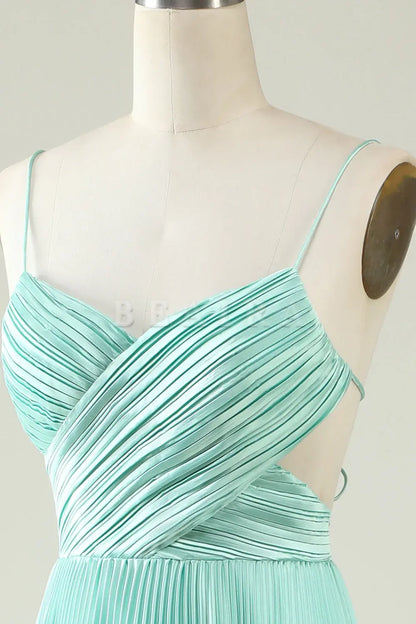Beaira Mint Green A Line Spaghetti Straps Pleated Long Bridesmaid Dress Bridesmaid dress shop