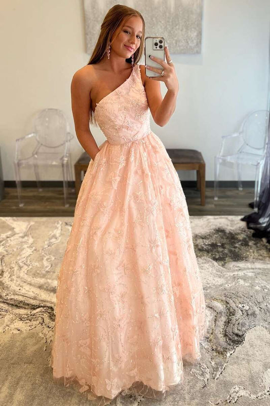 A Line One Shoulder Pink Polyester Prom Dress With 3D Butterfly