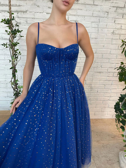 Modern A Line Spaghetti Straps Tulle Blue Homecoming Dress With Sequins