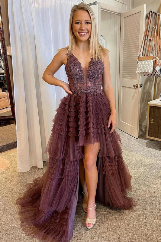 V Neck Tulle High Low Prom Dresses With Applique