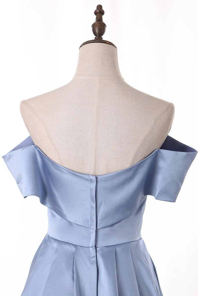 Off The Shoulder Blue Satin Long Prom Dresses Split Evening Dresses