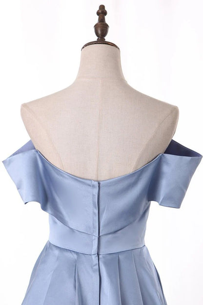 Off The Shoulder Blue Satin Long Prom Dresses Split Evening Dresses