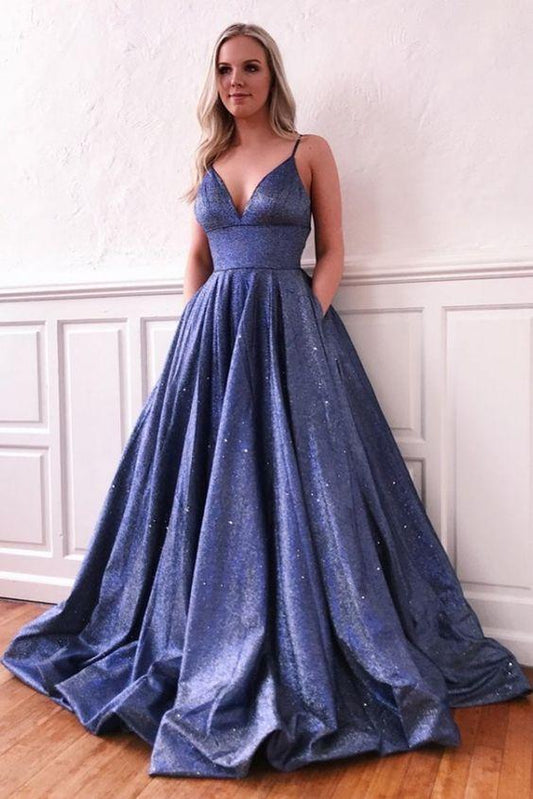 Modest Spaghetti Straps Blue V-neck Long Prom Dresses