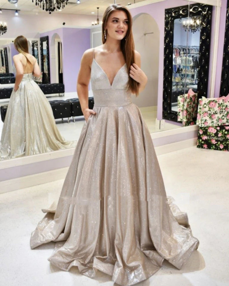 Modest Spaghetti Straps Blue V-neck Long Prom Dresses