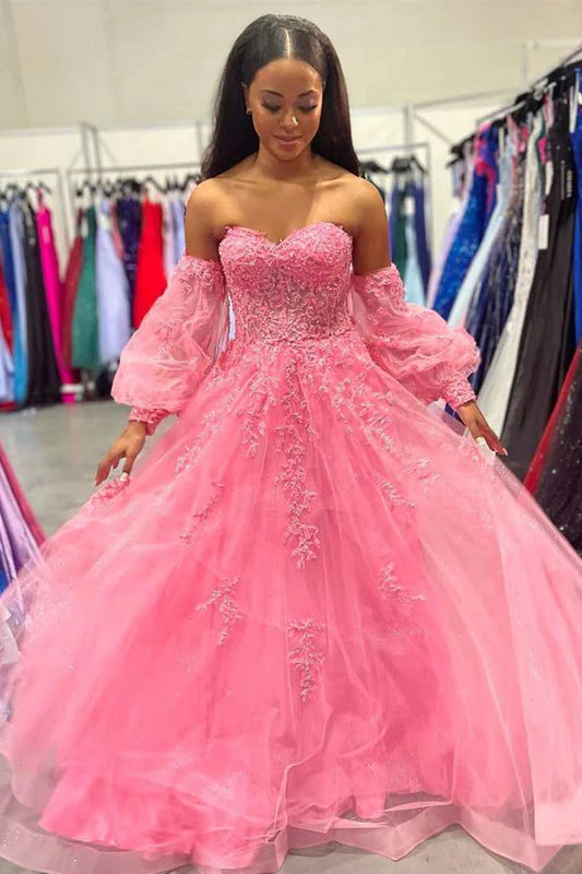 Arrival Appliques Puff Sleeves Strapless A-Line Long Prom Dresses