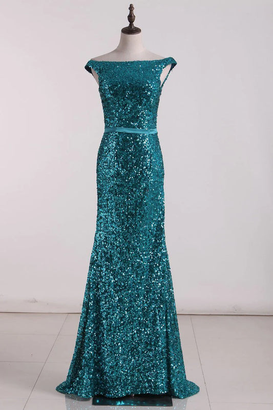 New Arrival Mermaid Bateau Sequins Sweep Train Party Dresses