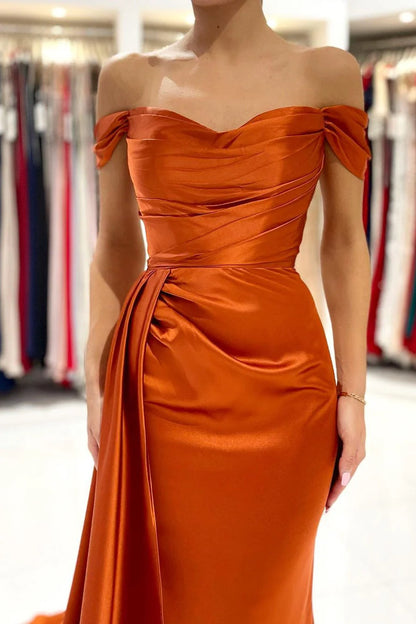 Prom Dresses A Line Off The Shoulder With Slit Satin