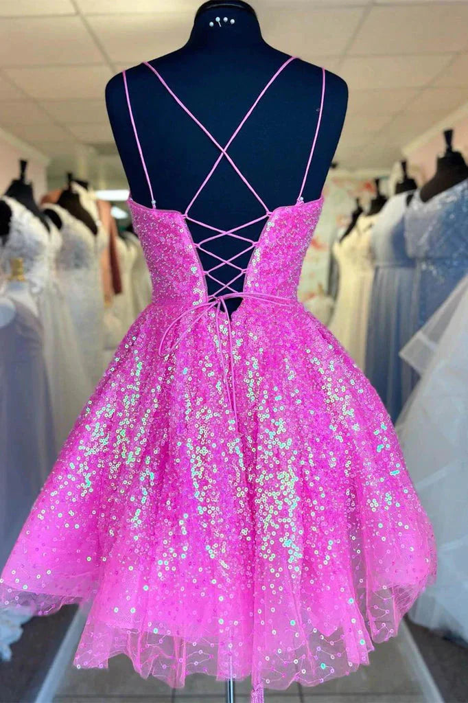 New Arrival Sequins Pink Above Knee A Line Spaghetti Straps Homecoming Dresses Short Cocktail Dresses
